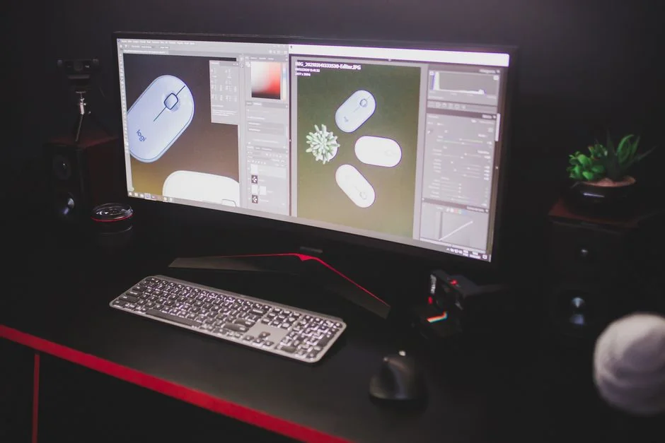 A photographer working at a creative setup with a laptop and Wacom tablet, focused on editing photos indoors.